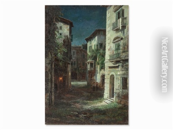 Street Scene By Moonlight Oil Painting - Ivan Augustovitch Veltz