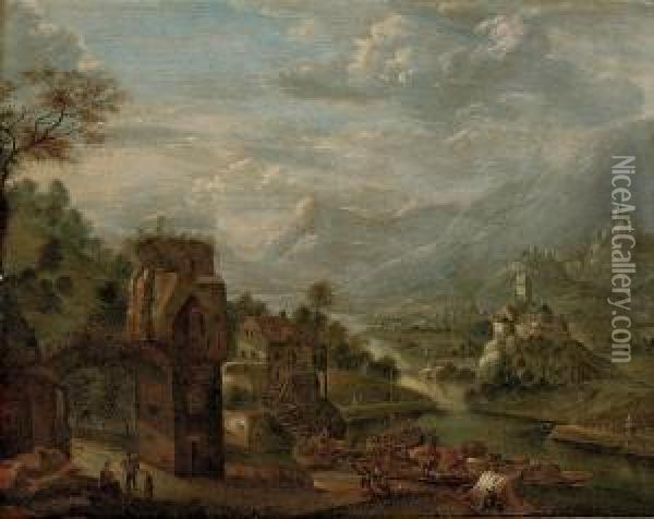 An Extensive River Landscape With Merchants Unloading Their Cargo On A Quay, Mountains Beyond Oil Painting - Cornelis Verdonck