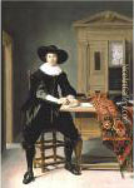 Portrait Of A Gentleman, Full Length, Seated At A Table Oil Painting - Thomas De Keyser