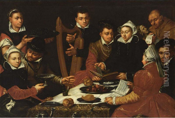 Elegant Figures At A Table Singing And Playing Music Oil Painting - Dirck Barendsz.