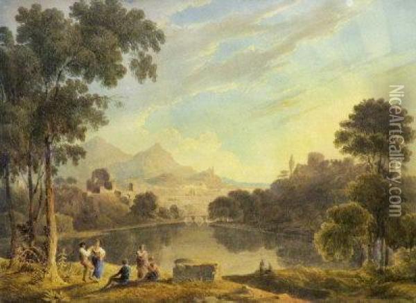 Figures In An Extensive Italianate Lake Landscape Oil Painting - John Edwin Oldfield