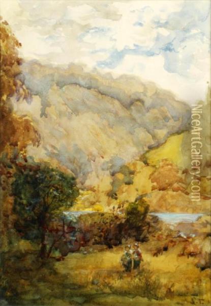 River Landscape With Figures Oil Painting - Samuel Towers