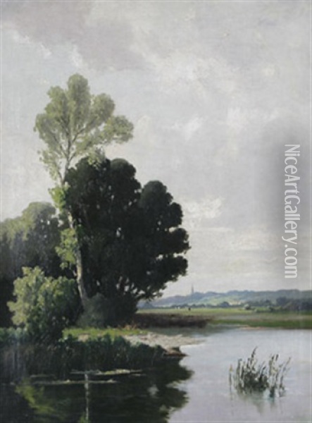 See Mit Schilf Und Baumen Oil Painting - Josef Muehlbeck