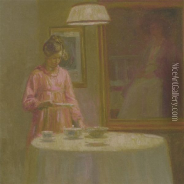 Bordet Daekkes. Interior Med En Ung Pige I Lyserod Kjole Oil Painting - Poul Friis Nybo