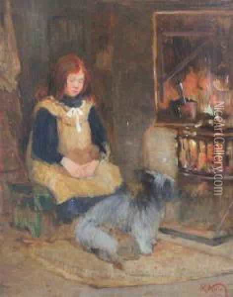 Girl And Dog Beside A Hearth Oil Painting - Robert Noble