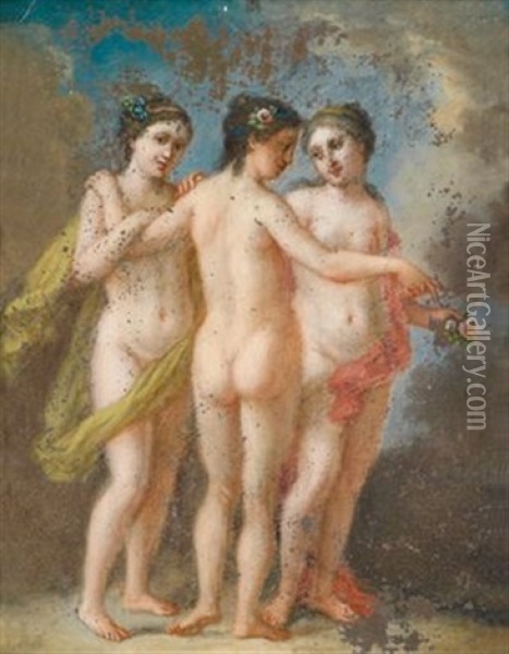 Die Drei Grazien (+ Die Drei Grazien Mit Einem Kranz; Pair) Oil Painting - Carl Josef Alois Agricola