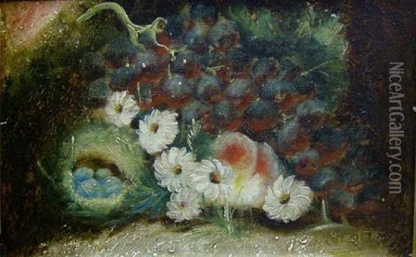 Grapes, Flowers, Robin's Nest And Peach In A Landscape Oil Painting - Evelyn Chester