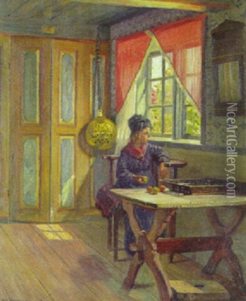 Interior Med Lille Pige Ved  Vinduet Oil Painting - Robert Panitzsch