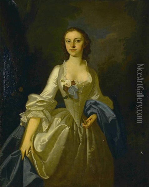 A Portrait Of A Lady In A White Gown, Three-quarter-length Oil Painting - Thomas Hudson