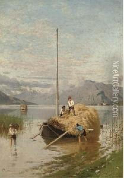 Haybarges On A North Italian Lake Oil Painting - Guido Ricci