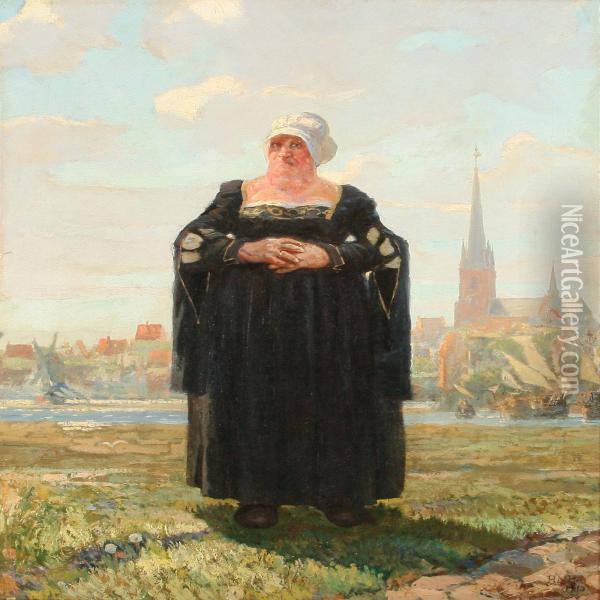 Mother Sigbrit On Amager Island, In The Backgroundcopenhagen Oil Painting - Hans Nikolaj Hansen