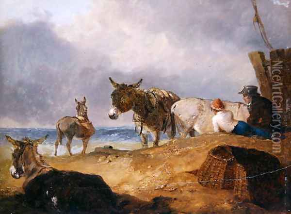 Donkeys and Figures on a Beach Oil Painting - Julius Caesar Ibbetson