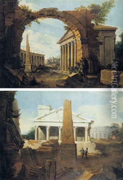 Grande Paesaggio Con Resti Architettonici E Figure Oil Painting - Gaetano Vetturali