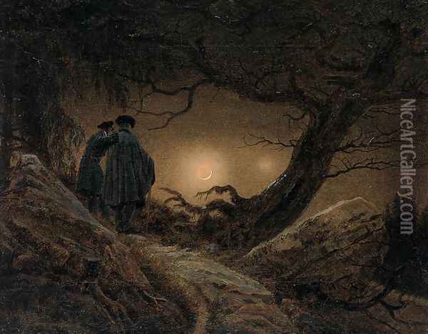 Two Men Contemplating the Moon 1819-20 Oil Painting - Caspar David Friedrich