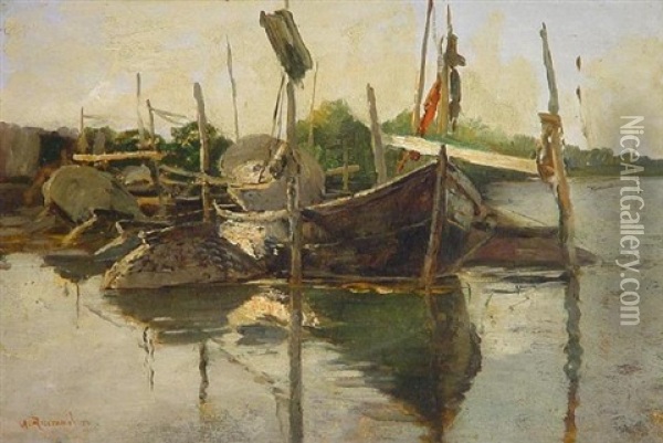 Fischerboote Am Ufer Eines Sees Oil Painting - Georg Anton Rasmussen