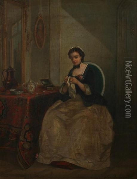 Woman Sewing Oil Painting - Aline De Senezcort