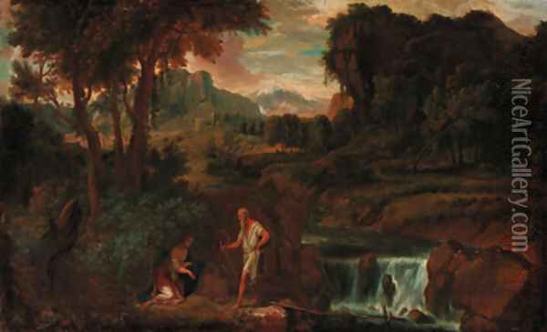 An extensive landscape with a woman and hermit saint by a rocky river Oil Painting - Gaspard Dughet Poussin