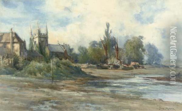 A Church Beside A River Bank At Low Tide Oil Painting - Joseph Milner