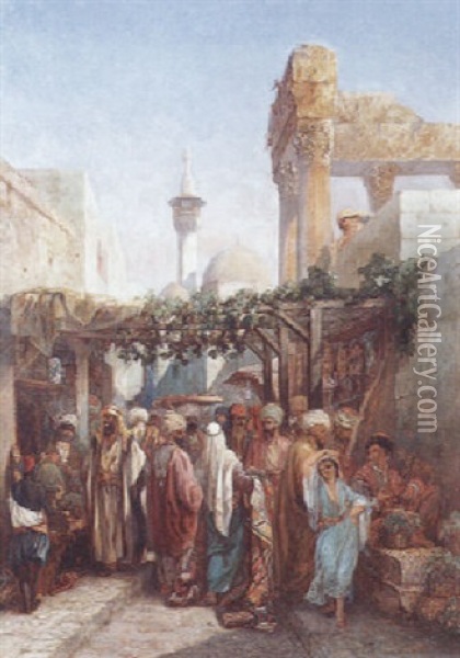 Promeneurs Aux Abords De La Colonnade De Bacchus A Latakieh Oil Painting - Camille Rogier