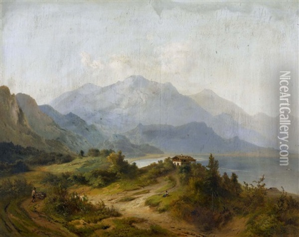 Bergsee Mit Haus Und Holzsammler Oil Painting - Karl August Aerttinger