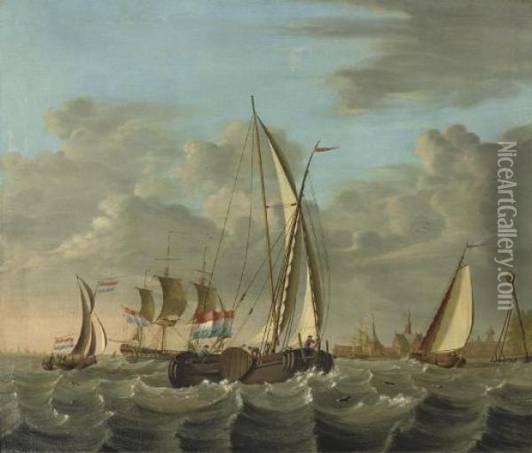 Shipping On Choppy Waters Near The Coast With A Village Beyond Oil Painting - Nicolaas Bauer
