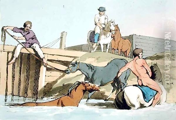 Bathing Horses Oil Painting - John Augustus Atkinson