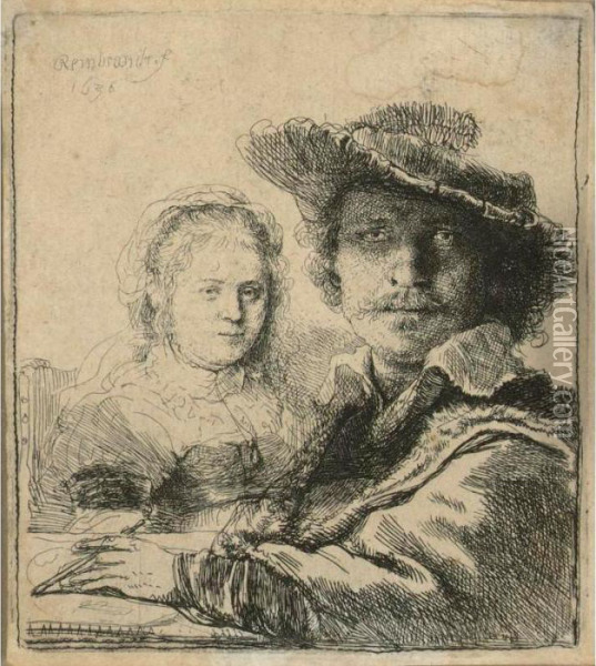 Self Portrait With Saskia (b., Holl. 19; H. 144; Bb. 36-a) Oil Painting - Rembrandt Van Rijn