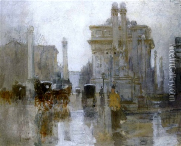 After The Rain, The Dewey Arch, Madison Square Park, New York Oil Painting - Paul Cornoyer