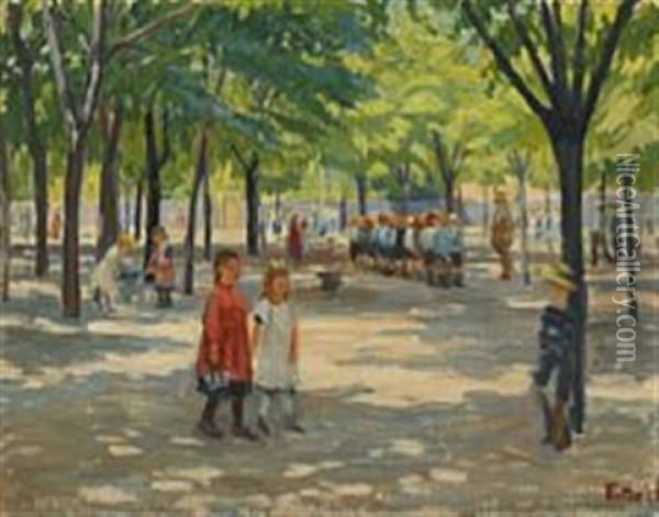 Street Scene With Children From Enghaveplads, Copenhagen Oil Painting - Peter Marius Hansen