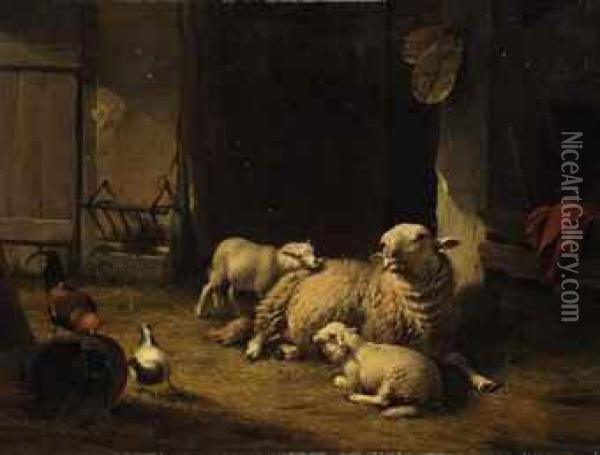 A Ewe And Lambs In A Barn Oil Painting - Eugene Joseph Verboeckhoven