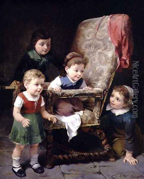 Children playing round a chair Oil Painting - Charles Petit
