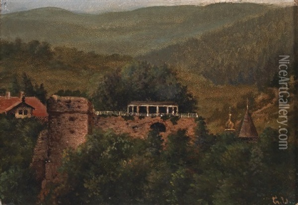 View Of The Geiersburg In The Erzgebirge Oil Painting - Georg Heinrich Crola