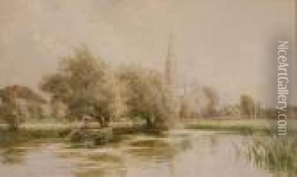 Boatman On A River Near Salisbury Cathedral Oil Painting - William Tatton Winter