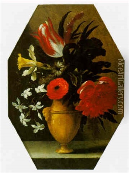 A Still Life Of Flowers In A Vase On A Ledge Oil Painting - Nicolas Baudesson