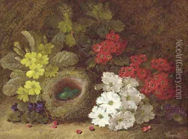 Still life of primroses, primulas, pansies, a bird's nest and eggs on a mossy bank Oil Painting - Vincent Clare