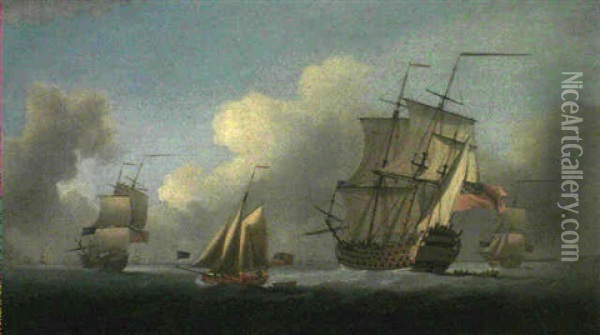 Men Of War, A Royal Yacht And A Cutter In The Nore Oil Painting - Peter Monamy