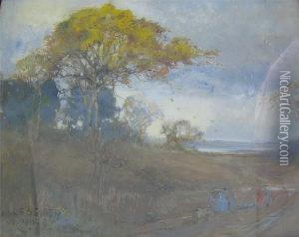 Landscape With Gypsy Caravans Travelling Along A Track With Treesand Water Beyond Oil Painting - Philip Eustace Stretton