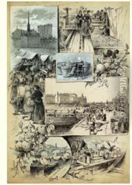 Les Approvisionnements De Paris, Les Arrivages De Pommes, Circa 1890 Oil Painting - Gustave Fraipont