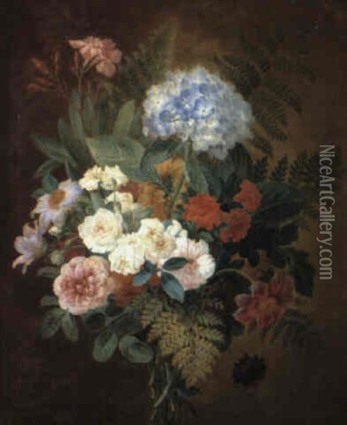 Still Life Of A Bouquet Of Flowers And Ferns Oil Painting - Adele Riche