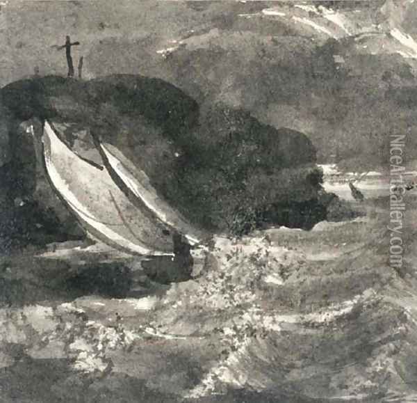 A sailing vessel in a squall off a headland Oil Painting - Samuel Palmer