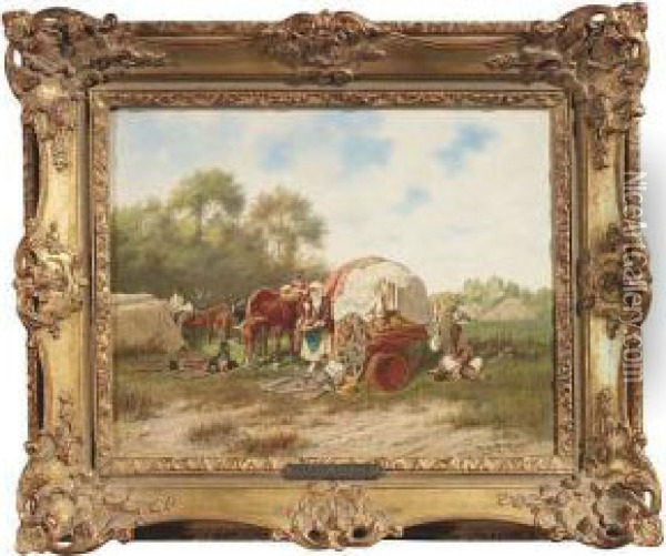 A Sutler's Carriage In A Camp. Oil/panel, Signed And Dated Oil Painting - Franz Quaglio