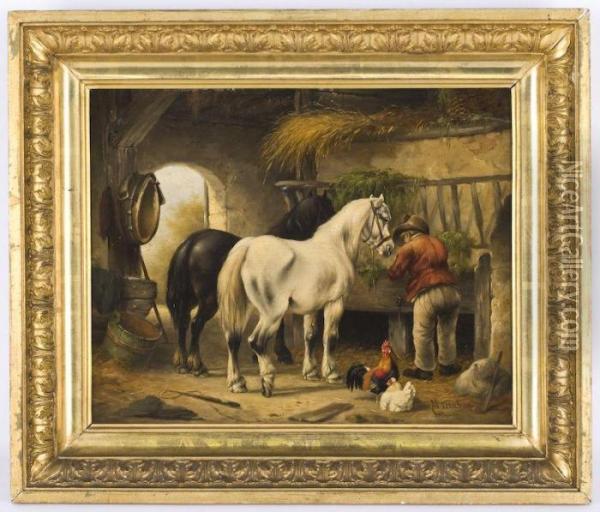 A Figure Tending To Horses In A Stable Oil Painting - Wouterus Verschuur