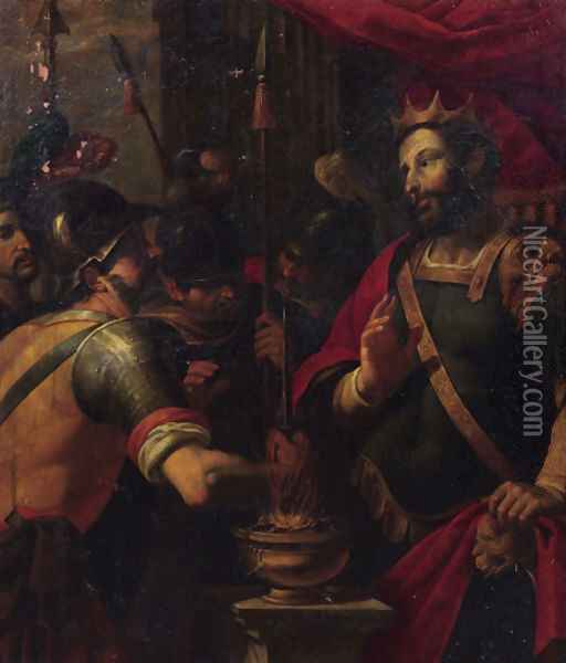 Mucius Scaevola showing his intrepidity before King Porsena Oil Painting - Adam van Noort