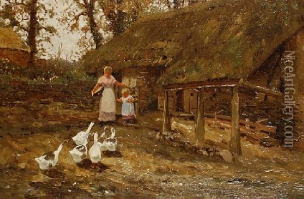 Feeding The Geese Oil Painting - Thomas James Lloyd