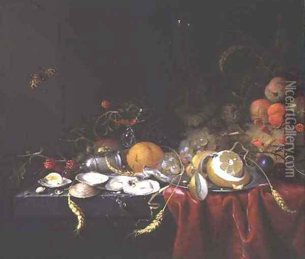Still life with oysters fruit and ears of corn on a stone ledge Oil Painting - Jan Jansz de Heem