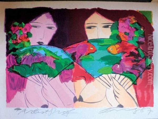 Femmes Avec Eventails, 1987 Oil Painting - Wallace King