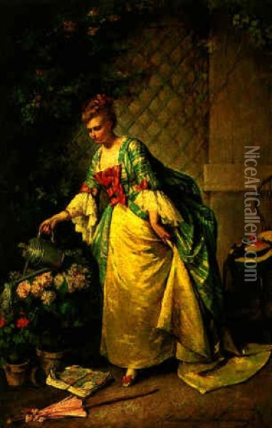 Watering The Flowers Oil Painting - Madeleine Jeanne Lemaire