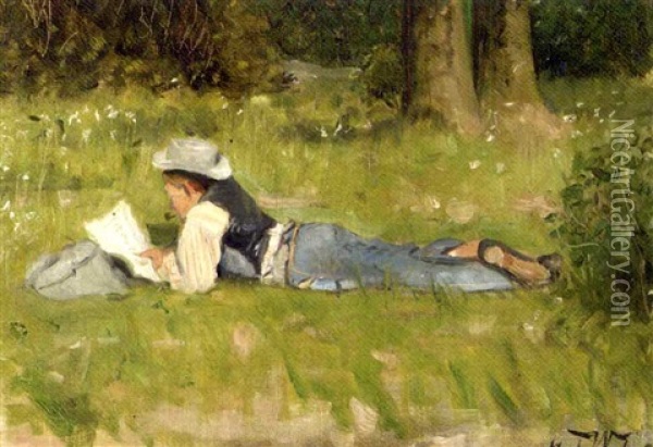 Im Grunewald: Reading In The Grass Oil Painting - Carl Welz