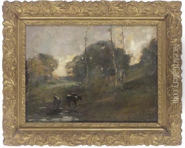 Cattle In An Evening Landscape Oil Painting - Archibald Kay