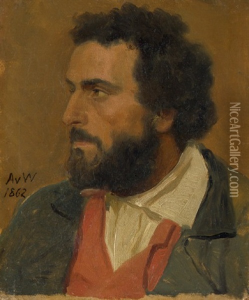 Bildnis Eines Bartigen Mannes Mit Roter Weste Oil Painting - Anton Alexander von Werner